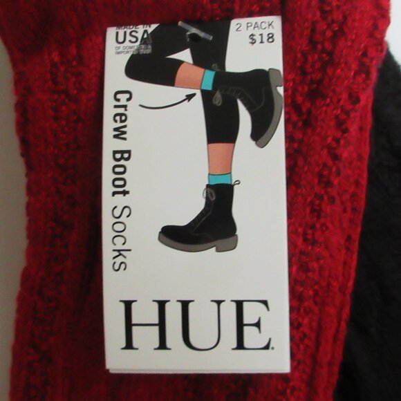 HUE Cable Ribbed Crew Length Boot Socks 2 Pack Black / Red One Size Made in USA - Picture 4 of 15